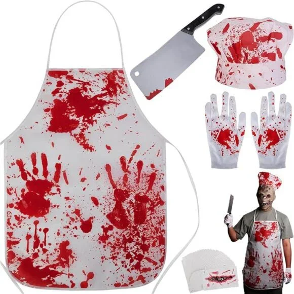 Halloween Butcher Costume Set- Cooking Chef Apron Gloves Prop Knife Tattoo - Picture 1 of 7